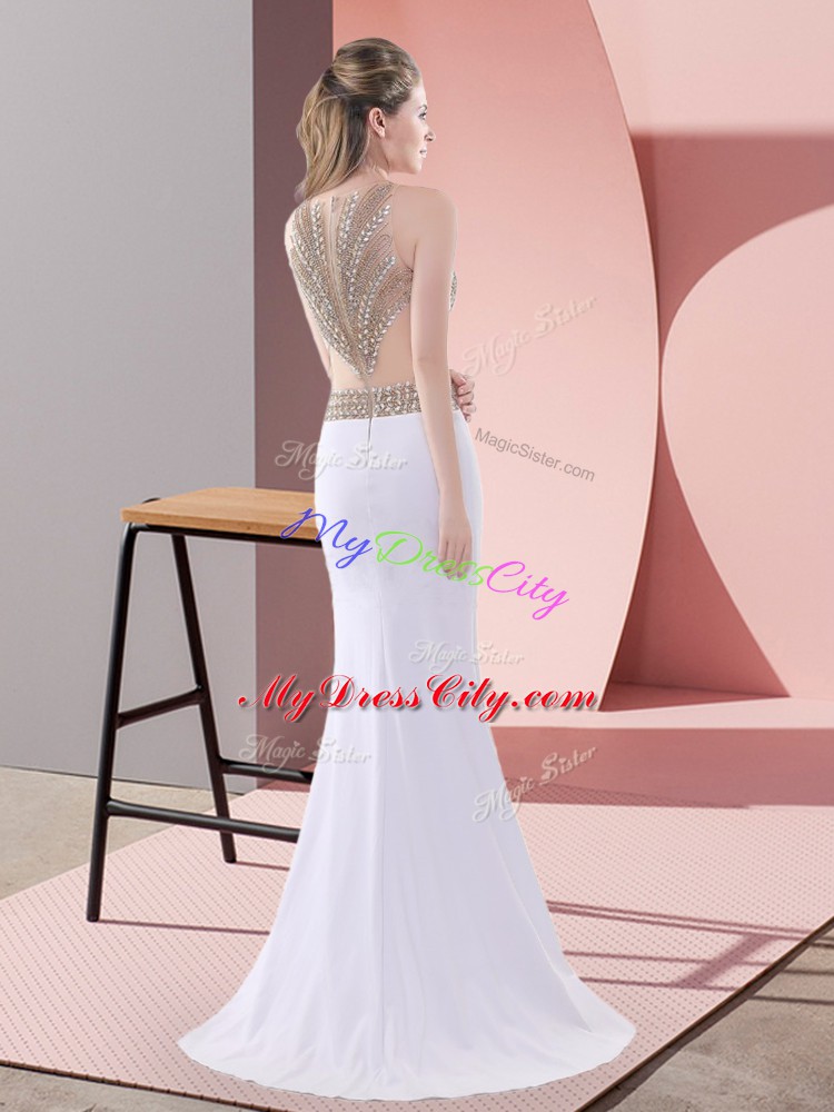 Traditional Scoop Sleeveless Chiffon Dress for Prom Beading and Lace Sweep Train Lace Up