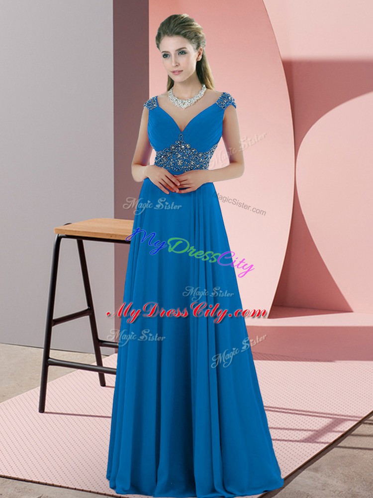 Perfect Sleeveless Satin Sweep Train Backless Homecoming Dress in Blue with Beading