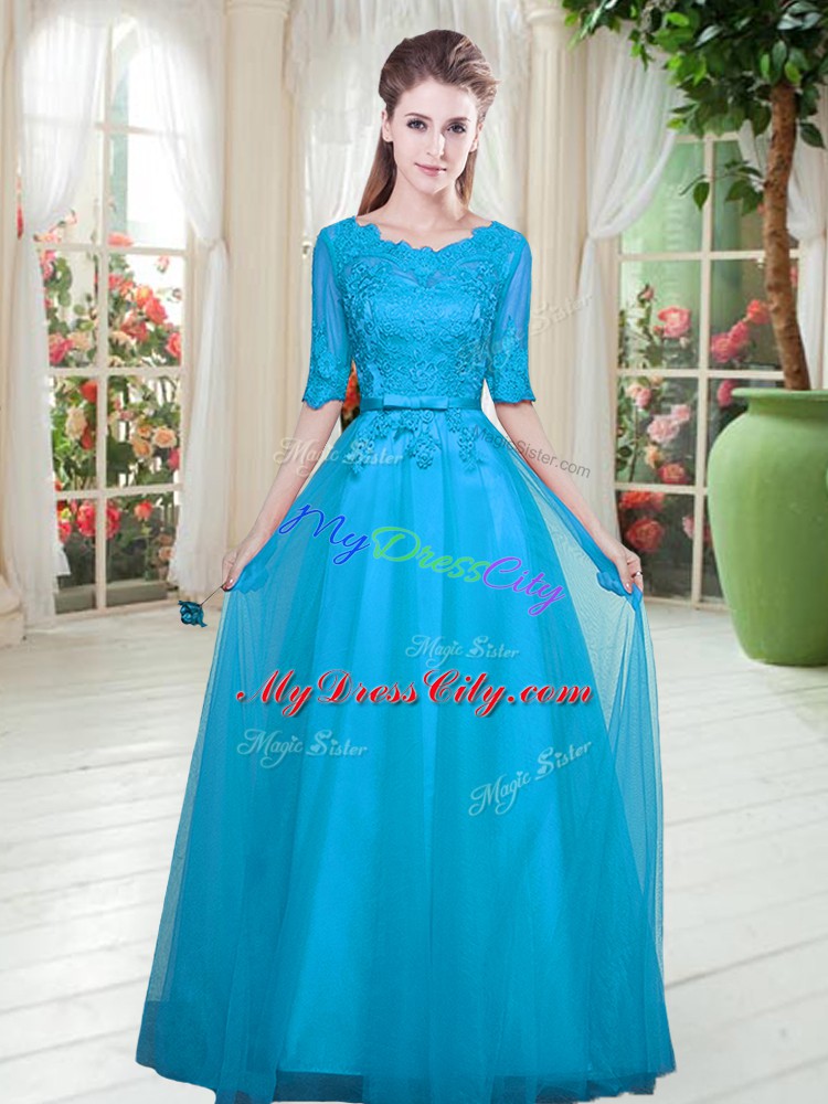 Blue Half Sleeves Lace Floor Length Prom Gown