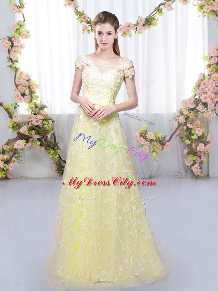 Sophisticated Light Yellow Lace Up Off The Shoulder Appliques Wedding Guest Dresses Tulle Cap Sleeves