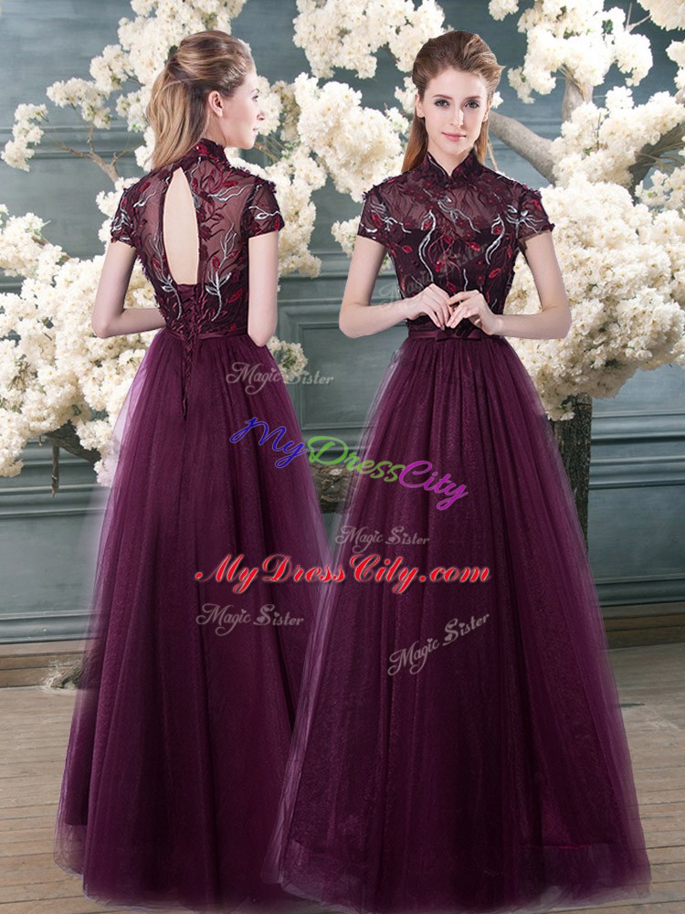 Purple Short Sleeves Beading and Appliques Floor Length Homecoming Dress