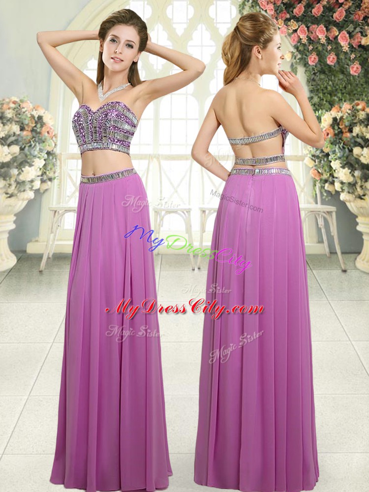 Floor Length Lilac Prom Party Dress Chiffon Sleeveless Beading