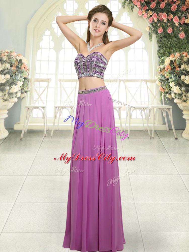 Floor Length Lilac Prom Party Dress Chiffon Sleeveless Beading