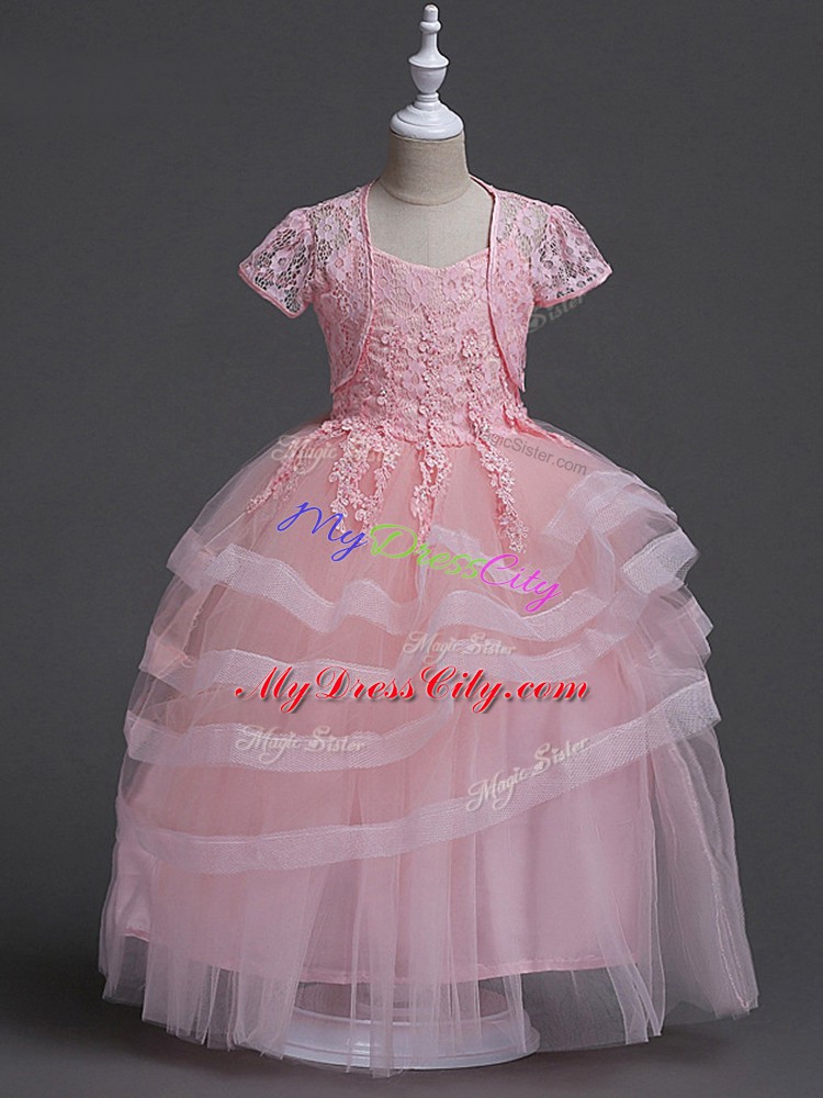 Edgy Spaghetti Straps Sleeveless Toddler Flower Girl Dress Floor Length Appliques Baby Pink Tulle