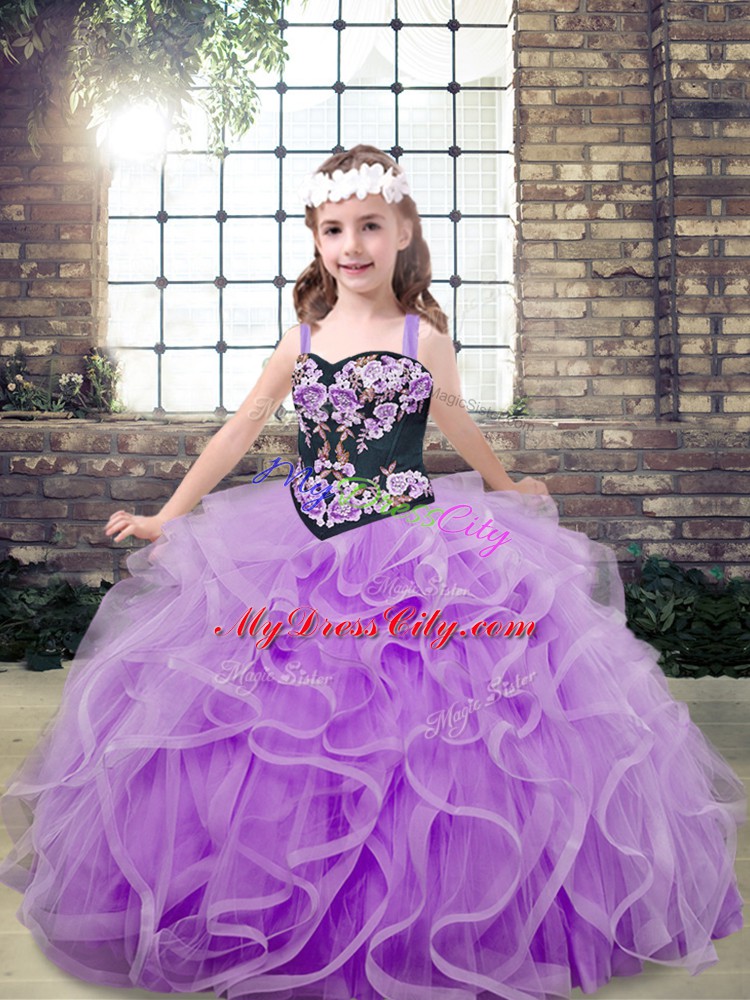 Lavender Lace Up High School Pageant Dress Embroidery and Ruffles Sleeveless Floor Length