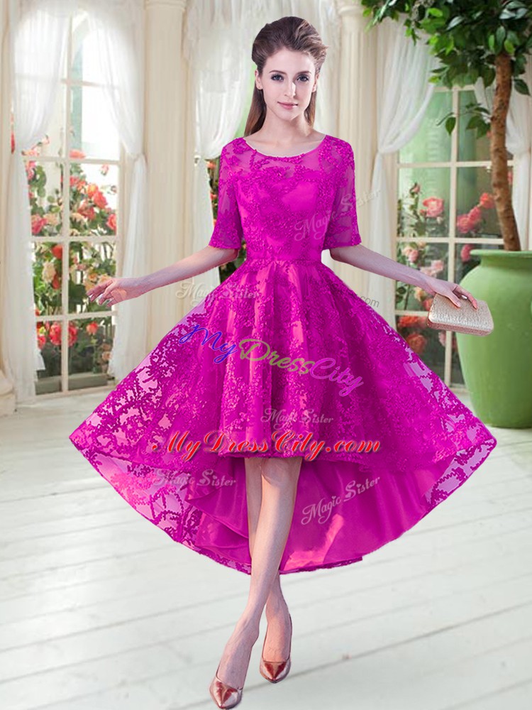 Unique Fuchsia A-line Scoop Half Sleeves Lace High Low Zipper Prom Party Dress