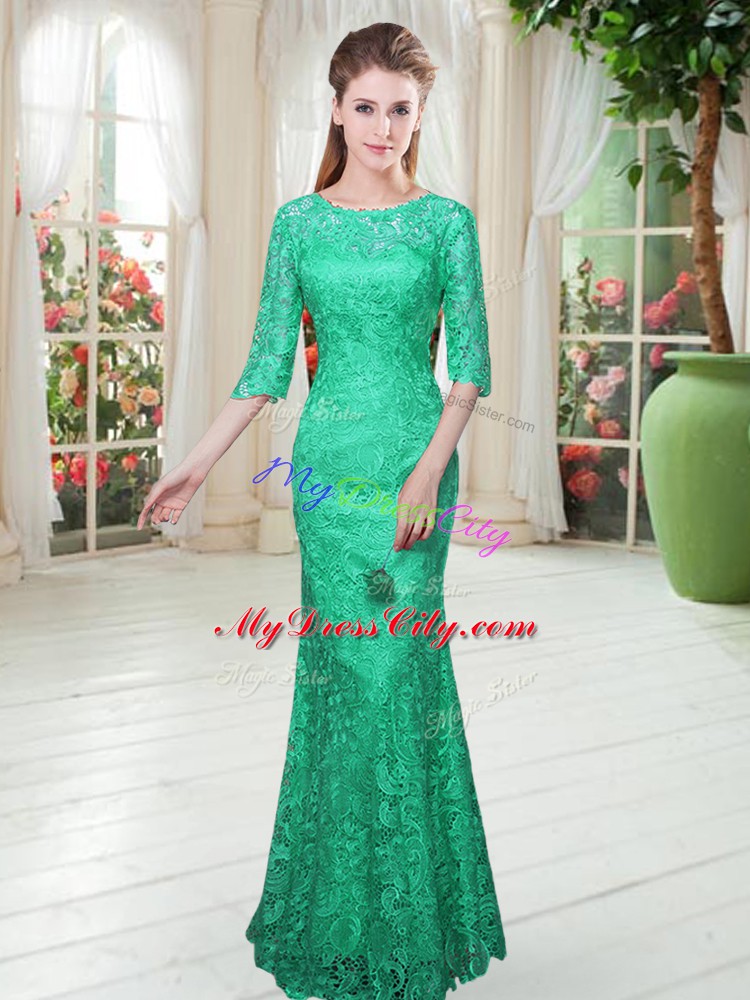 Floor Length Mermaid Half Sleeves Turquoise Dress for Prom Zipper