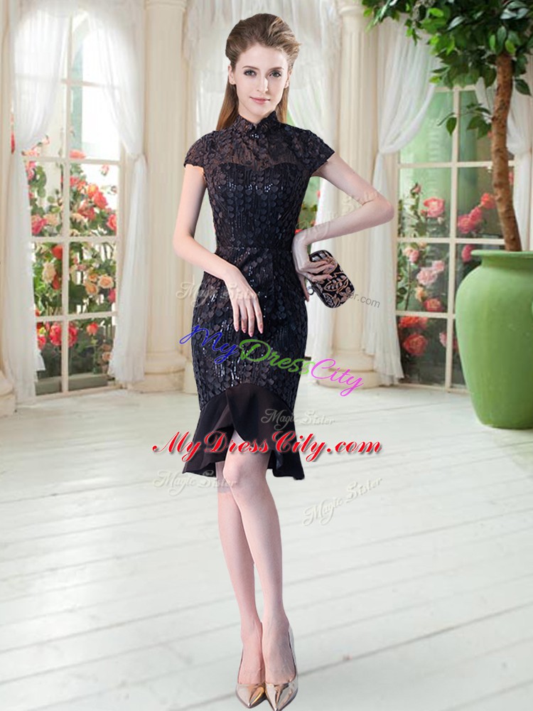 Luxurious Black Column/Sheath High-neck Short Sleeves Lace Knee Length Zipper Prom Party Dress