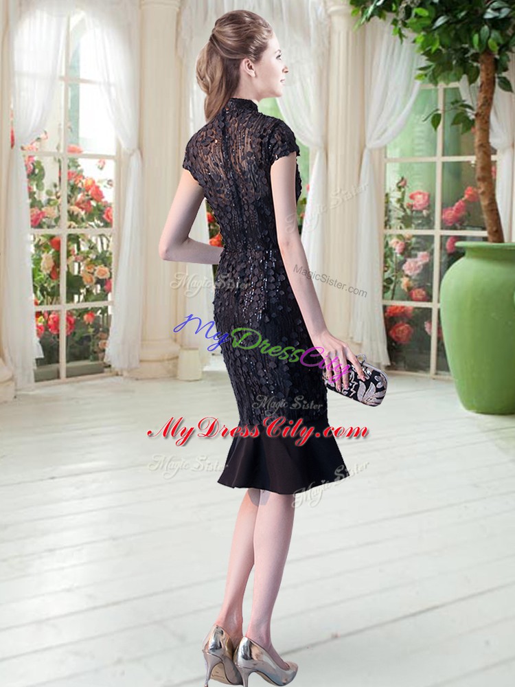 Luxurious Black Column/Sheath High-neck Short Sleeves Lace Knee Length Zipper Prom Party Dress