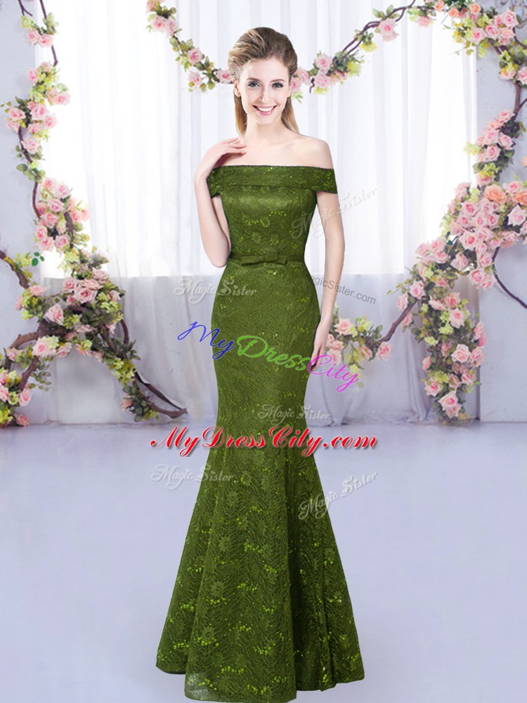 Sleeveless Floor Length Lace Up Damas Dress in Olive Green with Lace