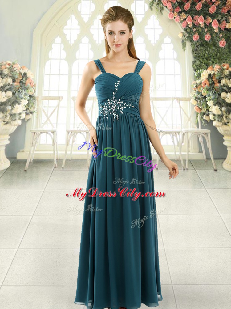 Gorgeous Chiffon Spaghetti Straps Sleeveless Lace Up Beading and Ruching Evening Dress in Teal