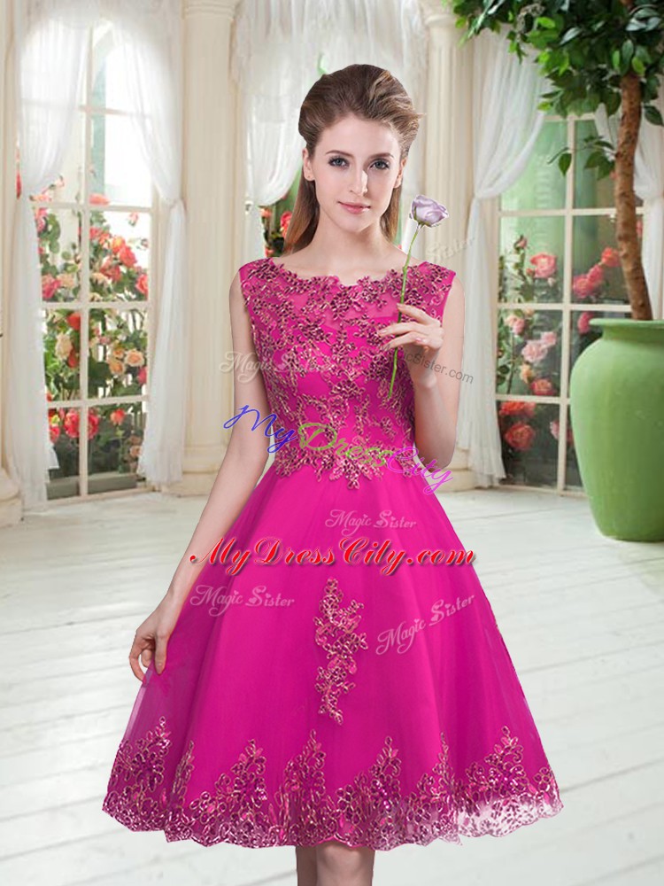 Wonderful Fuchsia Tulle Lace Up Prom Gown Sleeveless Knee Length Beading and Appliques