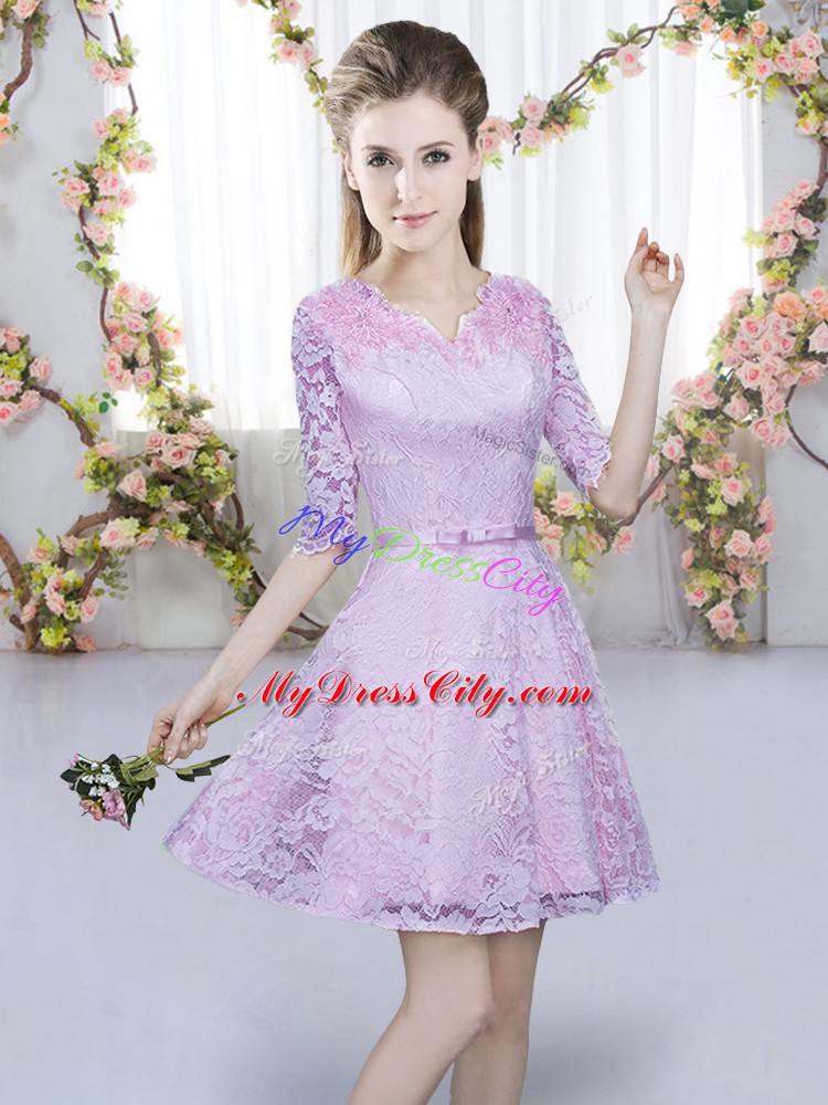 Artistic Lavender Zipper Quinceanera Court of Honor Dress Belt Half Sleeves Mini Length