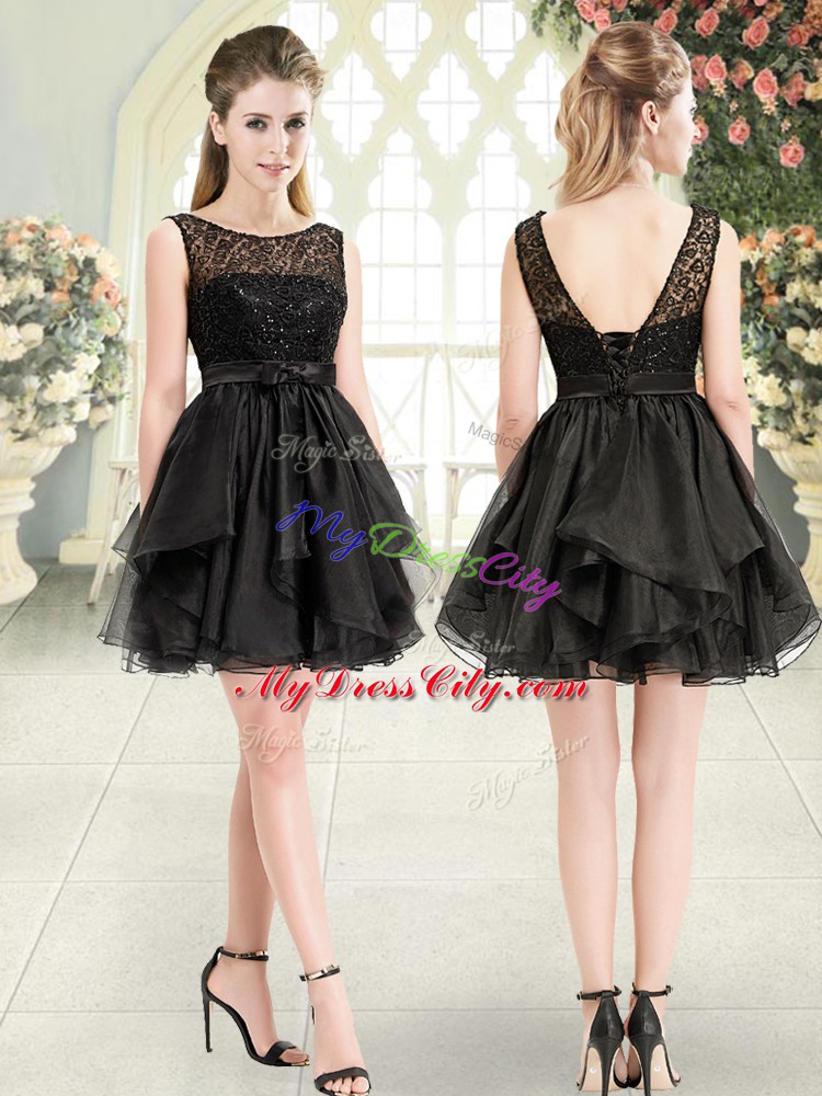 Scoop Sleeveless Prom Party Dress Mini Length Beading and Lace Black Organza