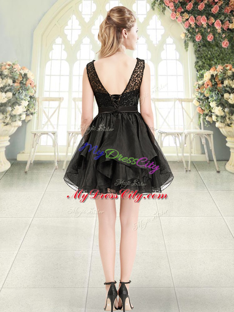 Scoop Sleeveless Prom Party Dress Mini Length Beading and Lace Black Organza