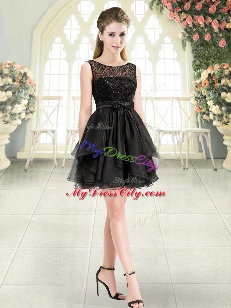 Scoop Sleeveless Prom Party Dress Mini Length Beading and Lace Black Organza