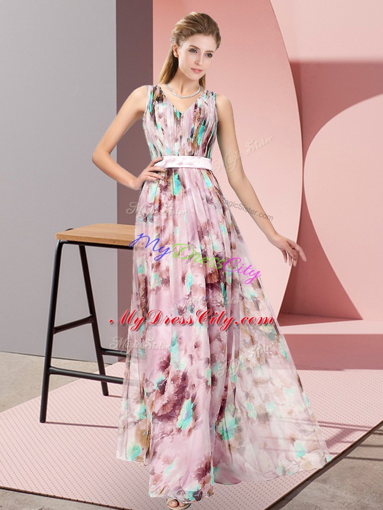 Simple Empire Homecoming Dress Multi-color V-neck Printed Sleeveless Floor Length Zipper