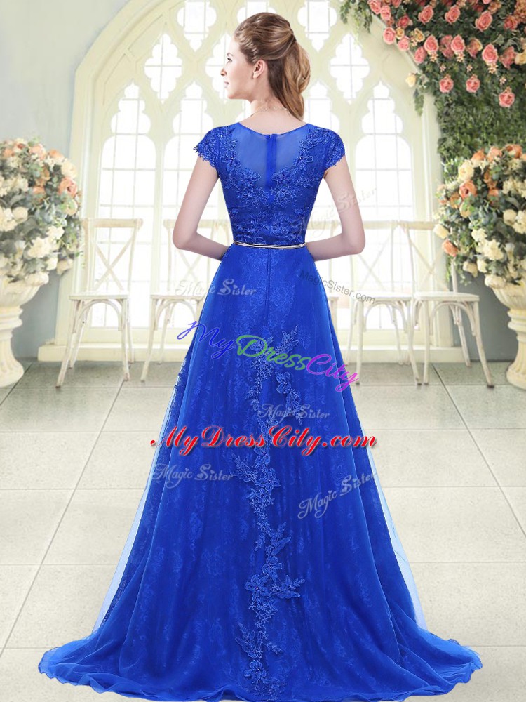 Noble Aqua Blue and Green Tulle Zipper Prom Evening Gown Cap Sleeves Sweep Train Beading and Lace