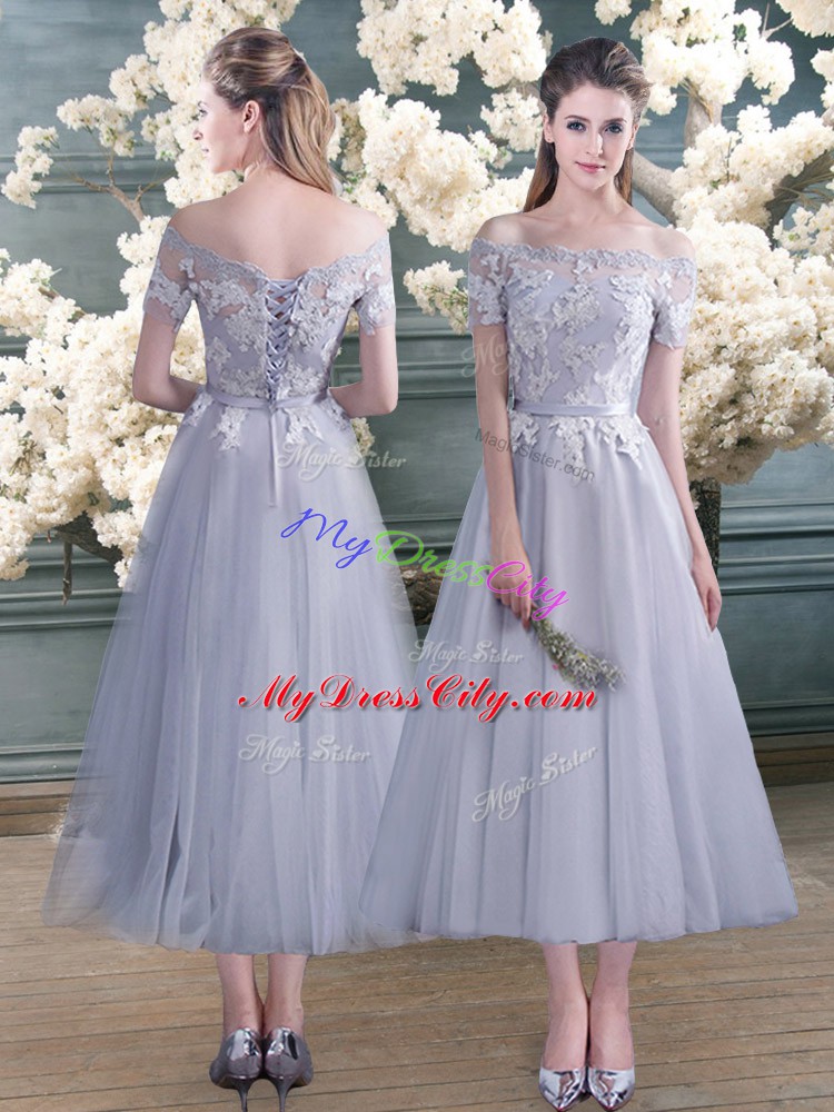 Artistic Grey Lace Up Lace and Appliques Short Sleeves Ankle Length