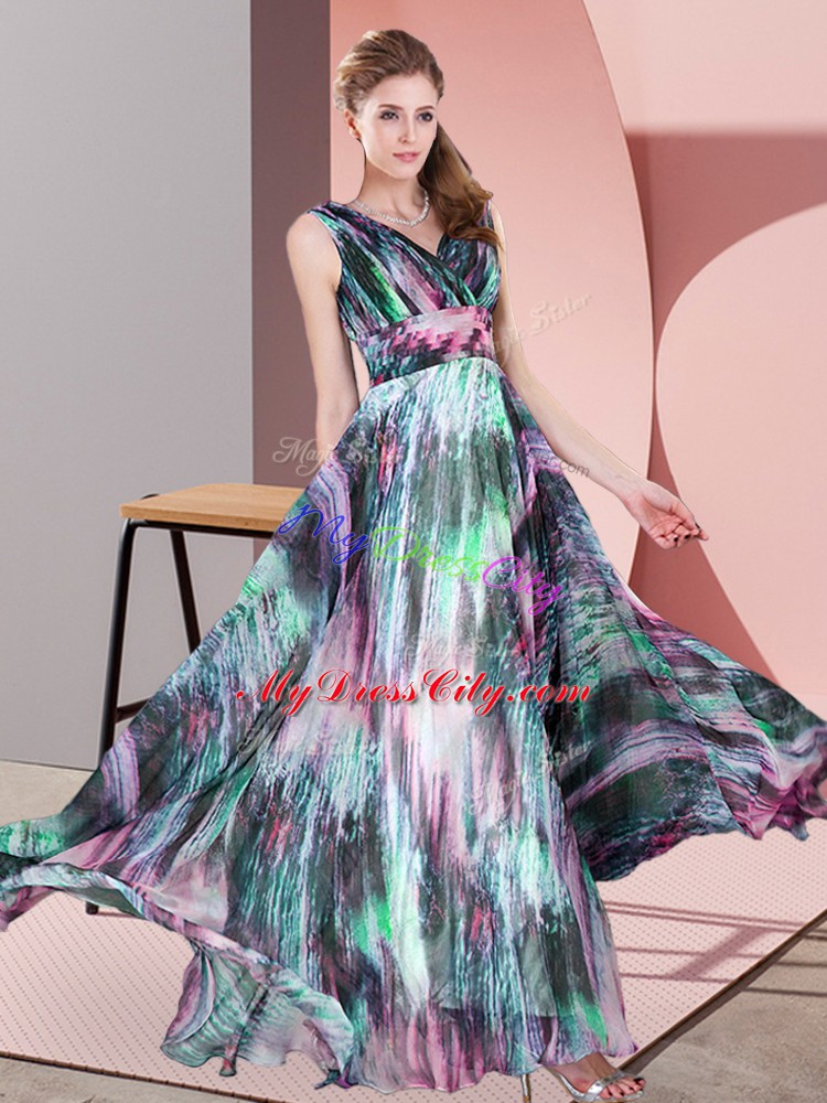 Modern Empire Evening Dress Multi-color V-neck Printed Sleeveless Floor Length Lace Up