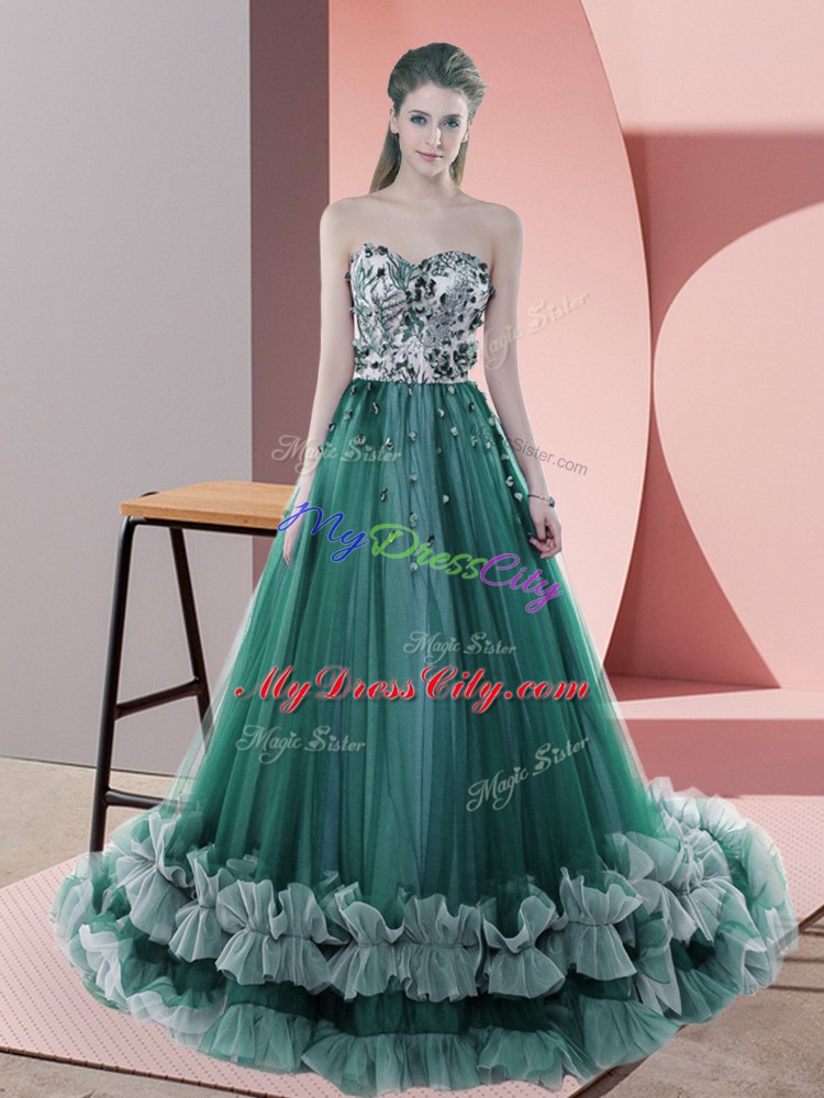 Admirable Dark Green Tulle Lace Up Formal Evening Gowns Sleeveless Sweep Train Beading