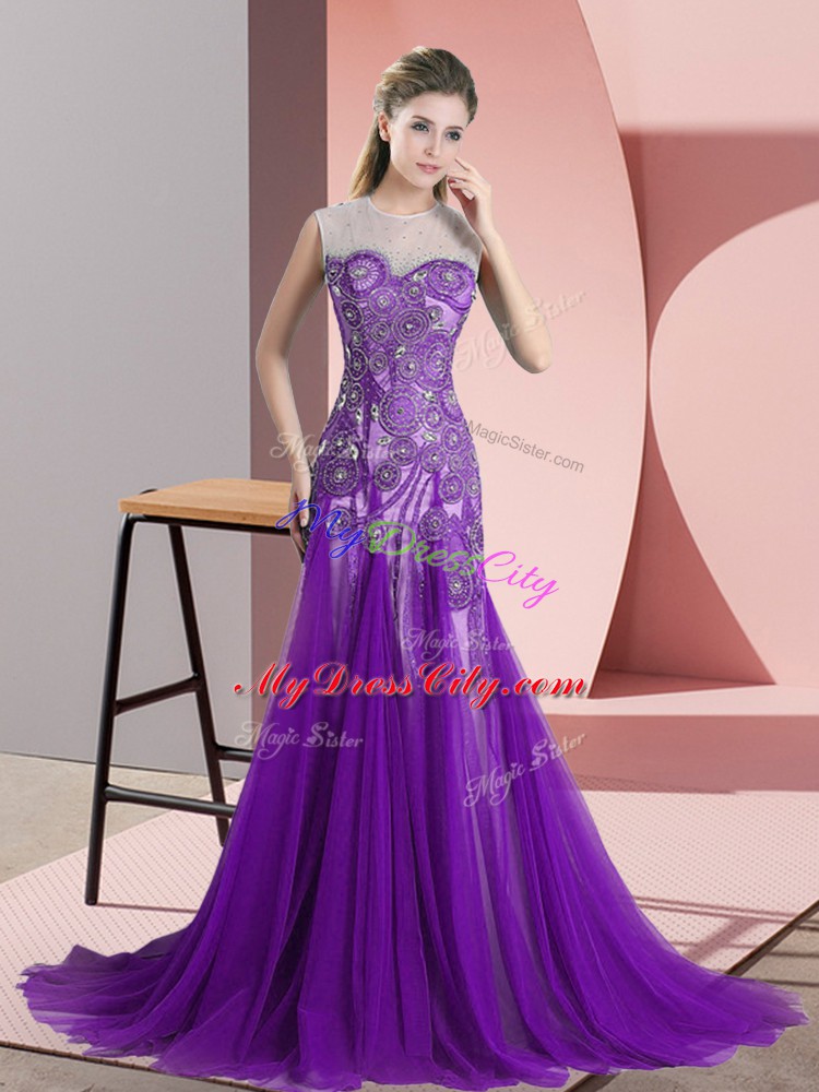 Purple Backless Scoop Appliques Evening Dresses Tulle Sleeveless Sweep Train