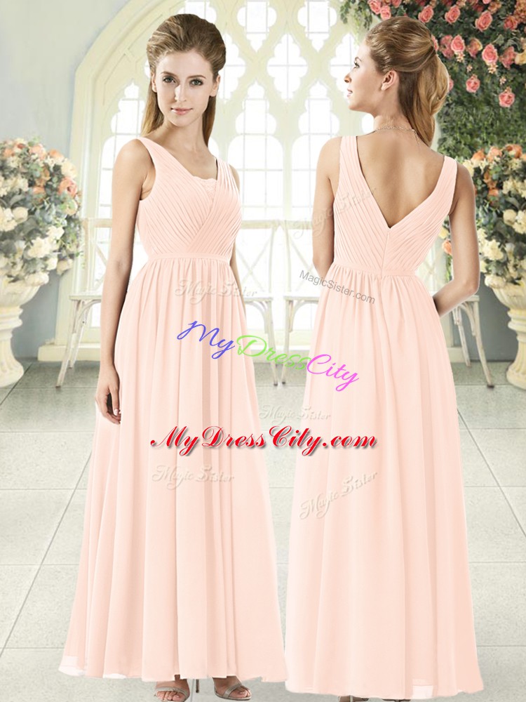 Sweet Pink Chiffon Zipper Evening Gowns Sleeveless Floor Length Ruching