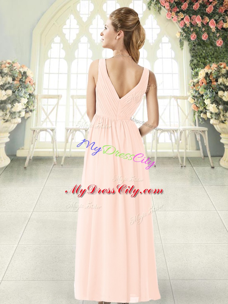 Sweet Pink Chiffon Zipper Evening Gowns Sleeveless Floor Length Ruching