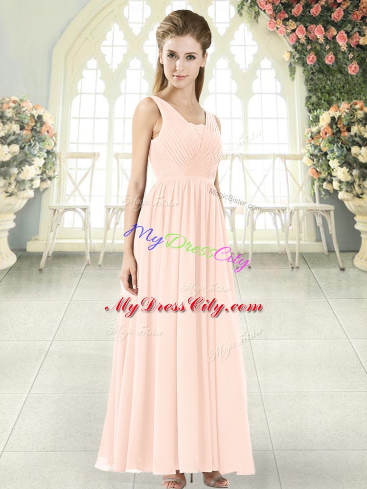 Sweet Pink Chiffon Zipper Evening Gowns Sleeveless Floor Length Ruching