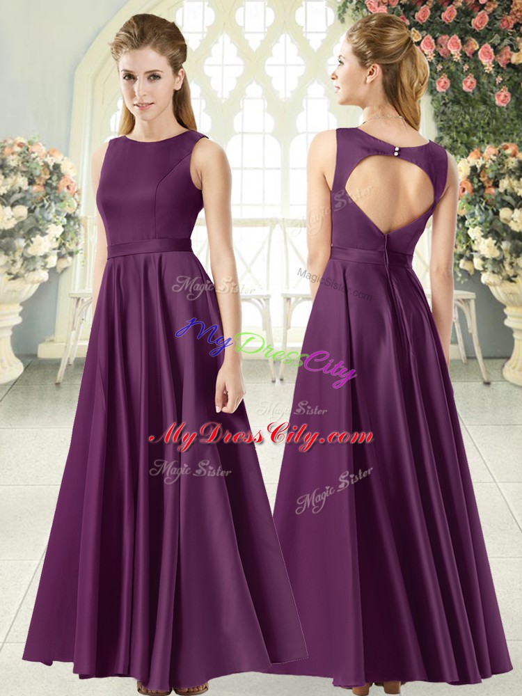 Sweet Scoop Sleeveless Prom Party Dress Floor Length Ruching Purple Satin