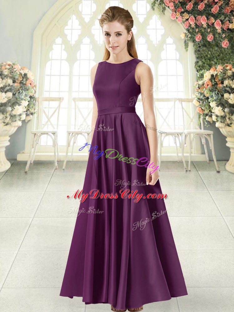 Sweet Scoop Sleeveless Prom Party Dress Floor Length Ruching Purple Satin