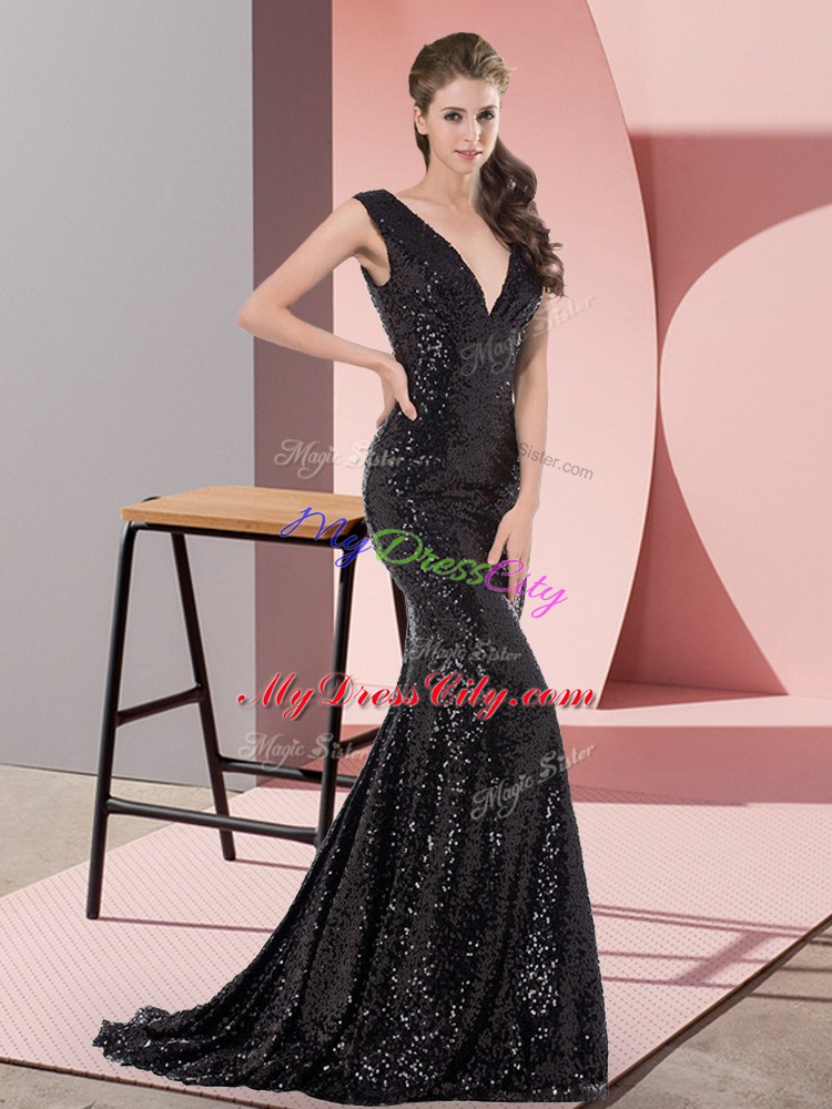 Black Sequined Lace Up Homecoming Dress Sleeveless Sweep Train Beading