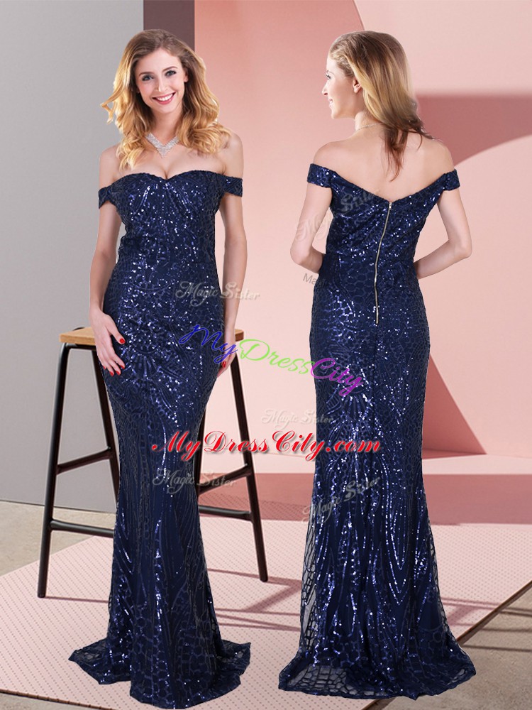 Captivating Navy Blue Sleeveless Sequined Zipper for Prom and Party