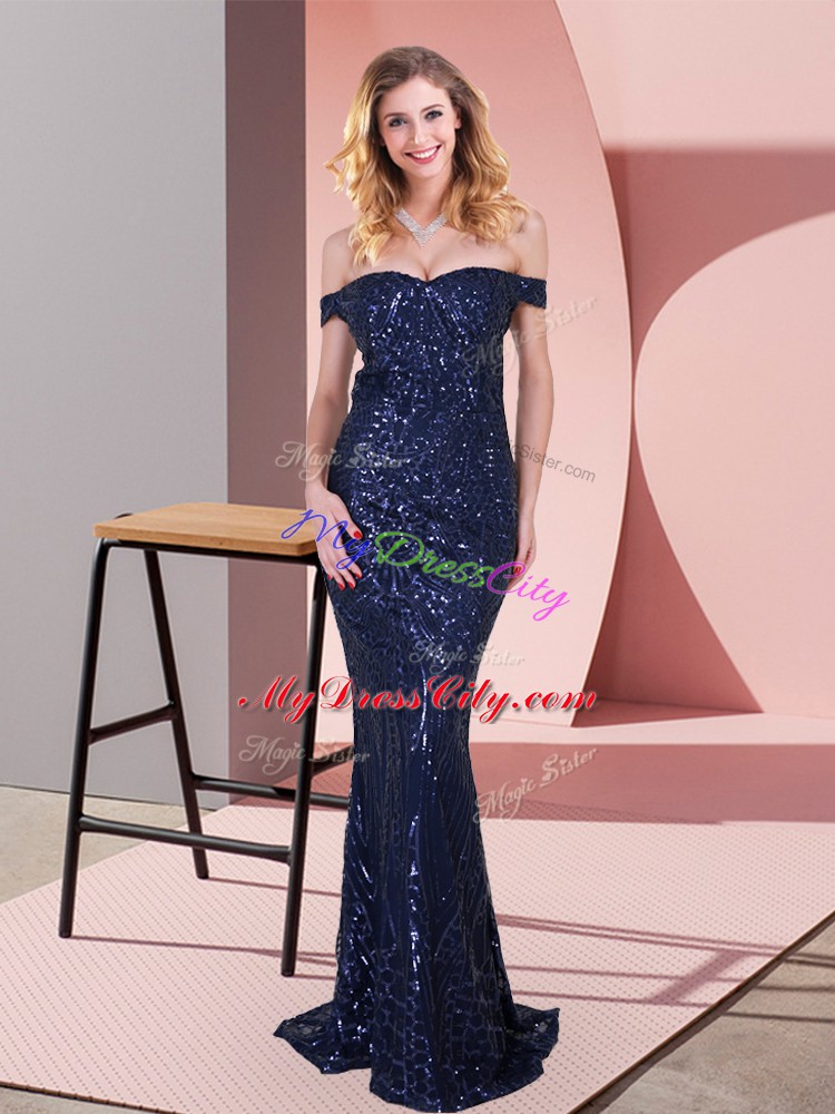 Captivating Navy Blue Sleeveless Sequined Zipper for Prom and Party