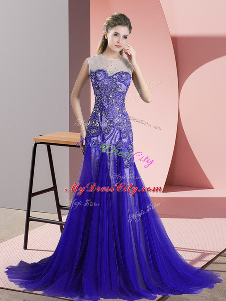 Attractive Tulle Scoop Sleeveless Sweep Train Backless Beading and Appliques Prom Evening Gown in Blue