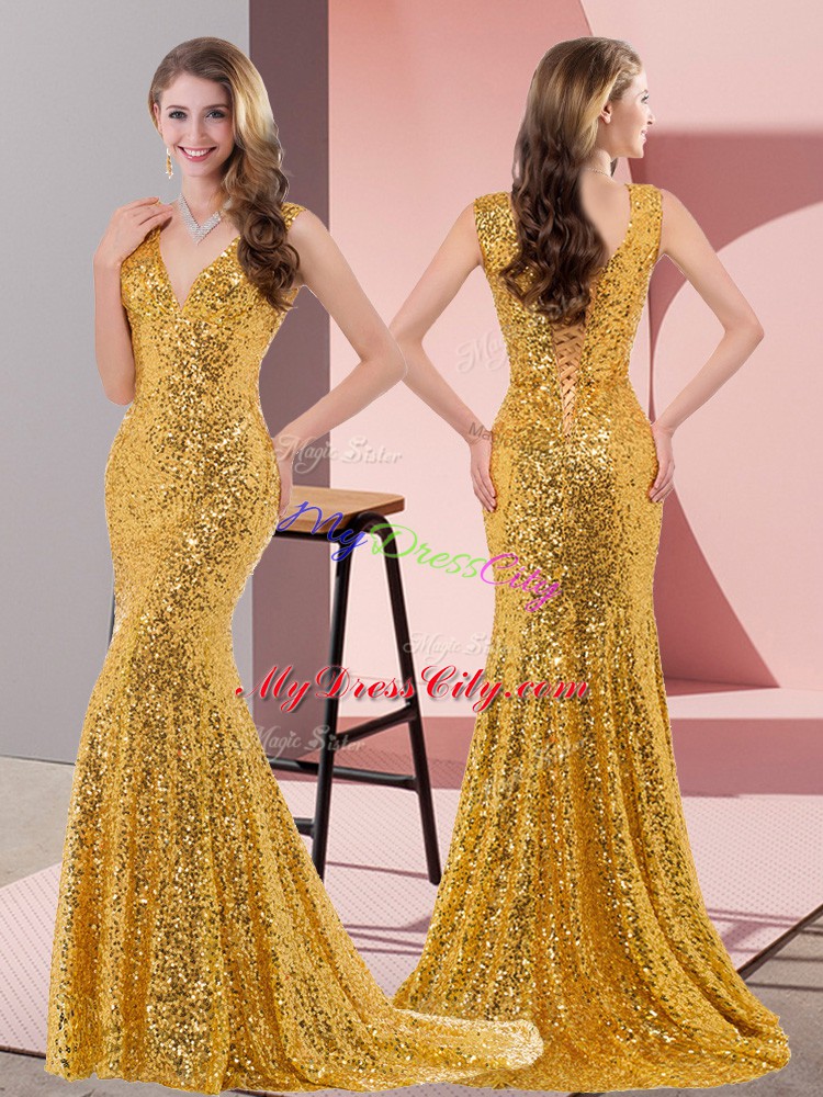 Gold Sequined Lace Up Prom Evening Gown Sleeveless Sweep Train Beading