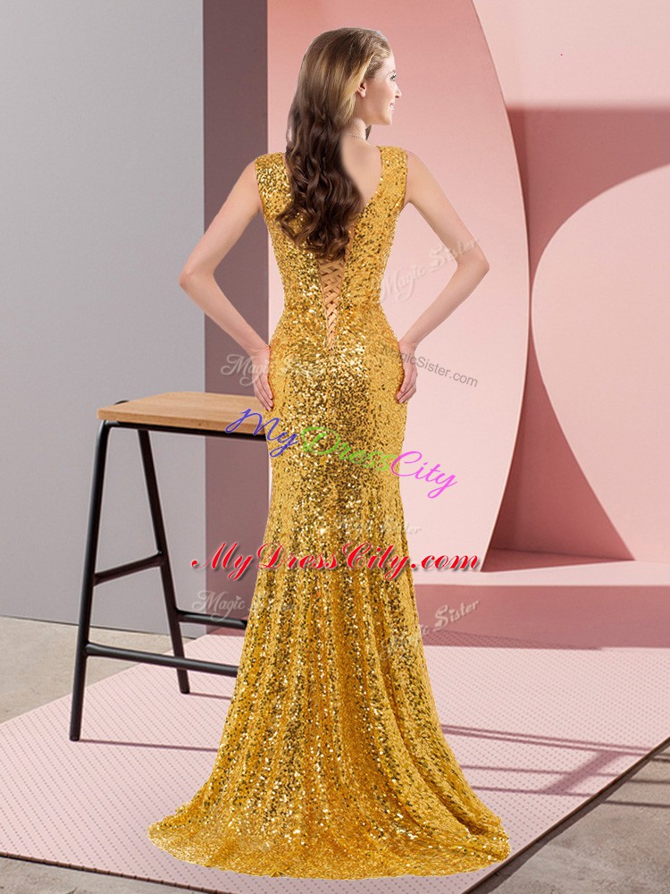 Gold Sequined Lace Up Prom Evening Gown Sleeveless Sweep Train Beading