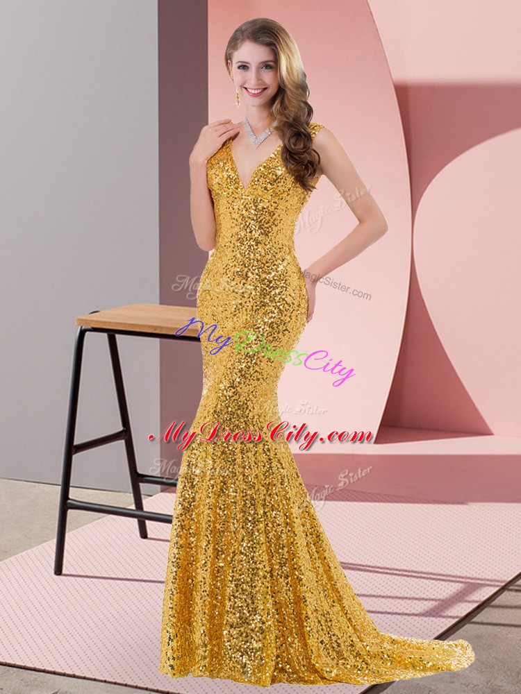 Gold Sequined Lace Up Prom Evening Gown Sleeveless Sweep Train Beading