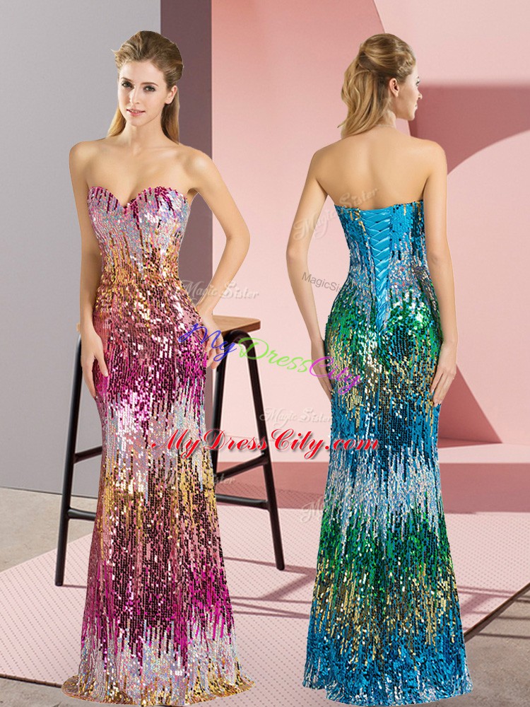 Customized Sleeveless Floor Length Beading and Sequins Lace Up Dress for Prom with Purple and Multi-color