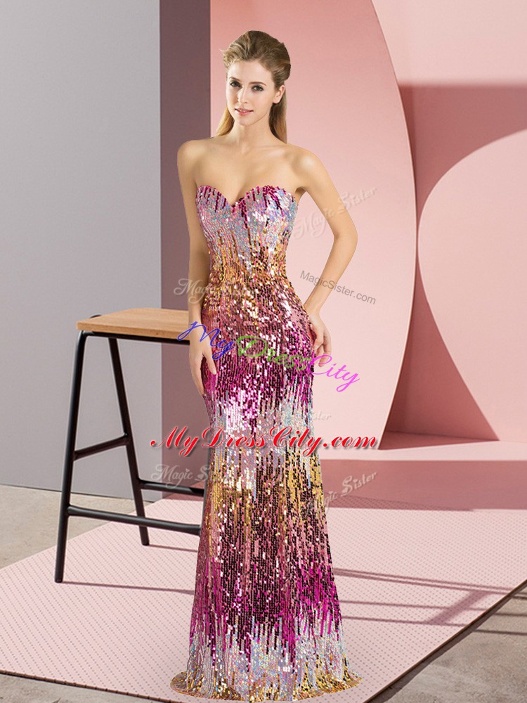 Customized Sleeveless Floor Length Beading and Sequins Lace Up Dress for Prom with Purple and Multi-color