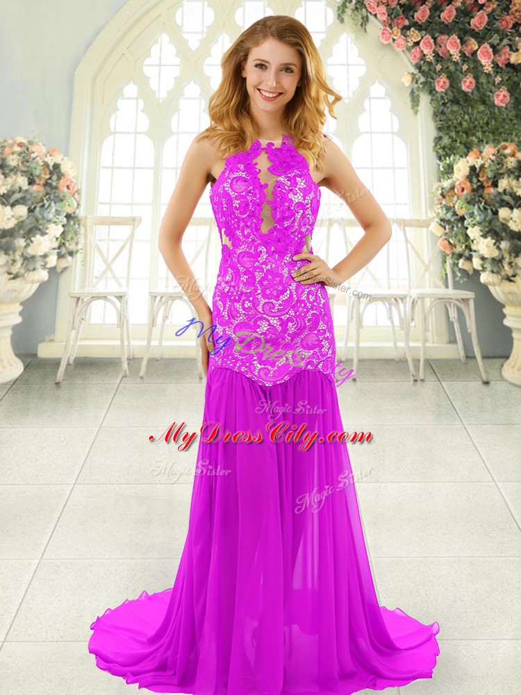 Mermaid Sleeveless Pink Prom Dresses Brush Train Backless