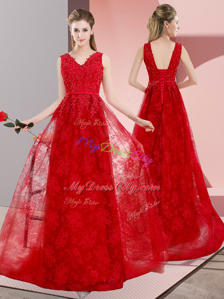 Elegant Red A-line Lace V-neck Sleeveless Beading Lace Up Evening Gowns Sweep Train