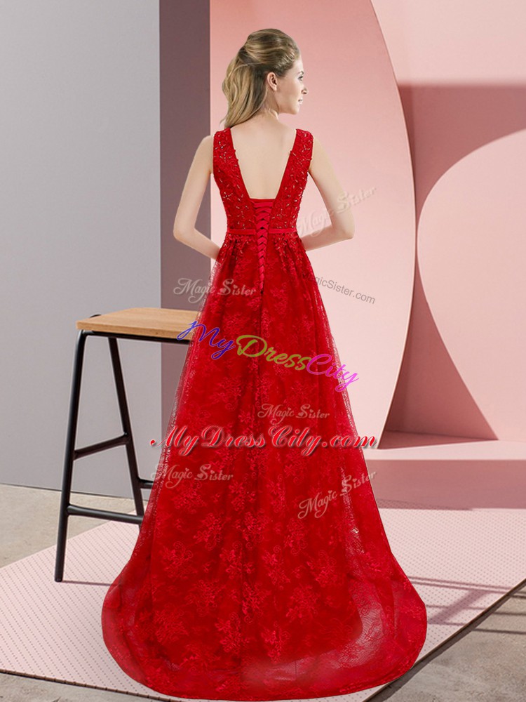 Elegant Red A-line Lace V-neck Sleeveless Beading Lace Up Evening Gowns Sweep Train