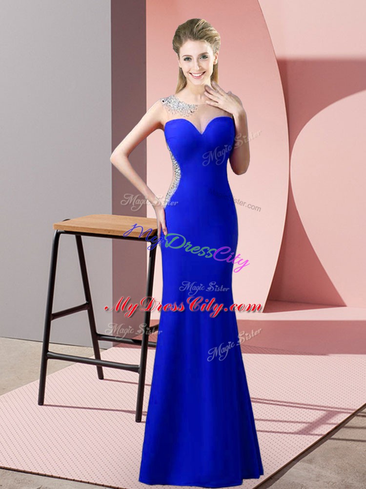 Fantastic Floor Length Royal Blue Evening Dress Satin Sleeveless Beading and Pick Ups