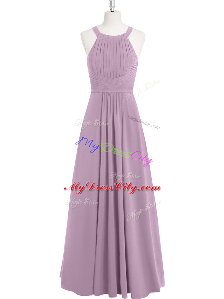 Halter Top Sleeveless Prom Gown Floor Length Ruching Purple Chiffon