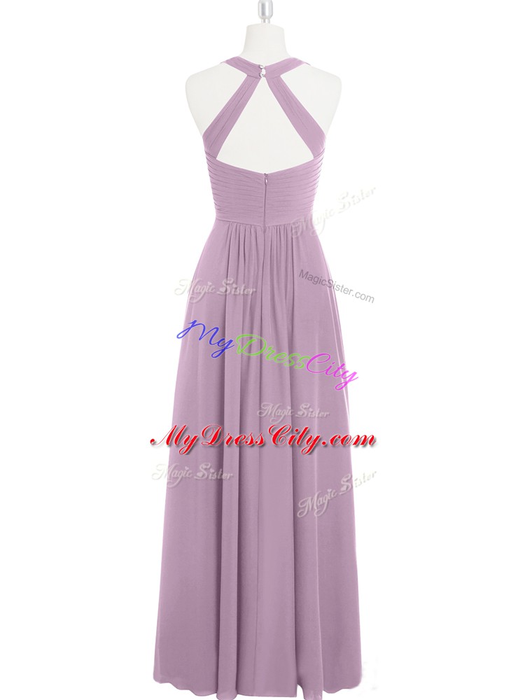 Halter Top Sleeveless Prom Gown Floor Length Ruching Purple Chiffon