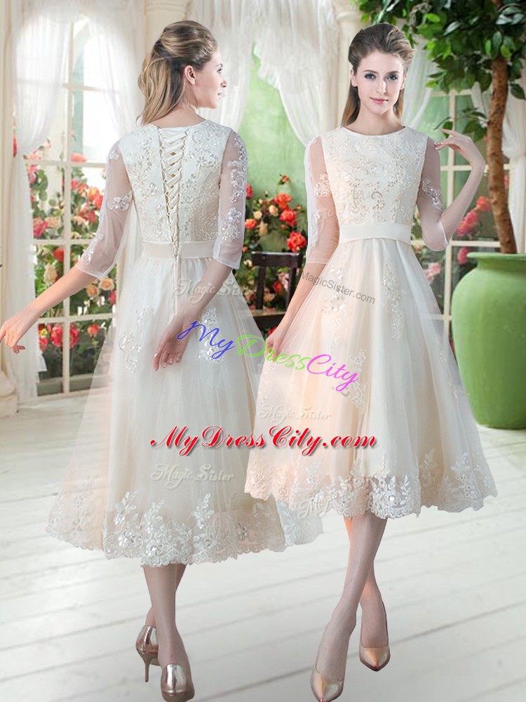 Sumptuous Champagne Lace Up Scoop Lace Dress for Prom Tulle 3 4 Length Sleeve