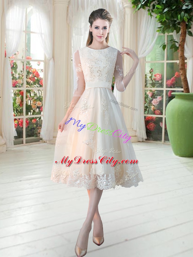 Sumptuous Champagne Lace Up Scoop Lace Dress for Prom Tulle 3 4 Length Sleeve