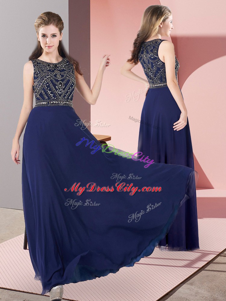 Navy Blue Chiffon Zipper Prom Evening Gown Sleeveless Floor Length Beading