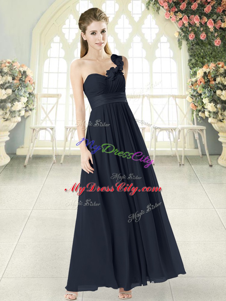 Sleeveless Ankle Length Hand Made Flower Zipper Evening Dress with Black